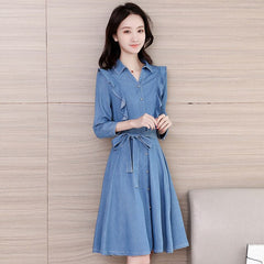 New Summer Autumn V-Collar Belt Ruffles Dress for Women