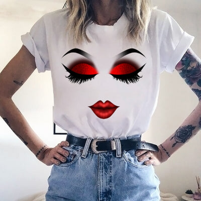 Women Face Makeup Red lip Prints Girls T Shirts