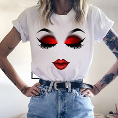 Women Face Makeup Red lip Prints Girls T Shirts