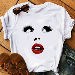 Women Face Makeup Red lip Prints Girls T Shirts