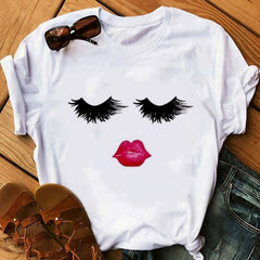 Women Face Makeup Red lip Prints Girls T Shirts