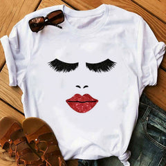 Women Face Makeup Red lip Prints Girls T Shirts