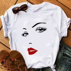 Women Face Makeup Red lip Prints Girls T Shirts