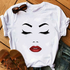 Women Face Makeup Red lip Prints Girls T Shirts