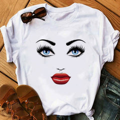 Women Face Makeup Red lip Prints Girls T Shirts