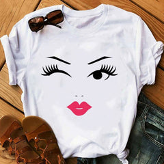 Women Face Makeup Red lip Prints Girls T Shirts