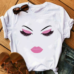Women Face Makeup Red lip Prints Girls T Shirts