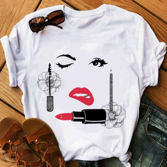 Women Face Makeup Red lip Prints Girls T Shirts