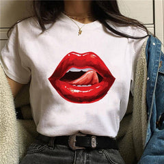 2020 Hot Harajuku Shiny red lips Graphic T Shirt for Women