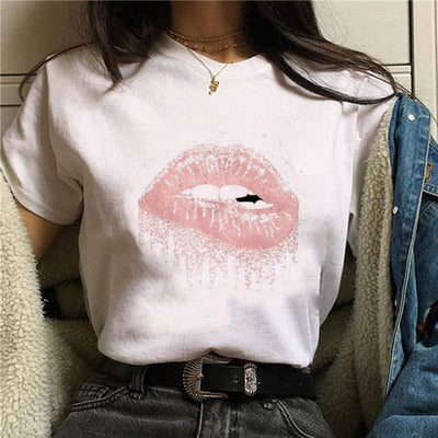 2020 Hot Harajuku Shiny red lips Graphic T Shirt for Women