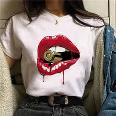 2020 Hot Harajuku Shiny red lips Graphic T Shirt for Women