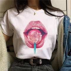 2020 Hot Harajuku Shiny red lips Graphic T Shirt for Women