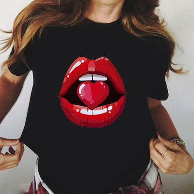 Women Red Mouth Lip Kiss Printed  Tshirt