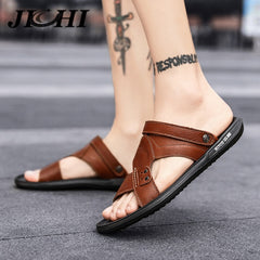 Summer Genuine Flat Brown Leather Slippers for Men