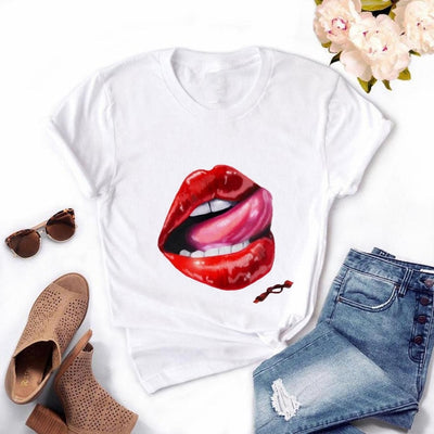 Women Red Mouth Lip Kiss Printed  Tshirt