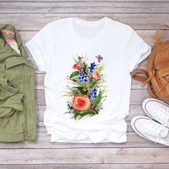 Women Flower Lady Fashion Short Sleeve Aesthetic Clothes