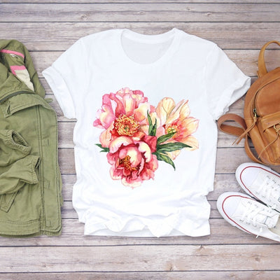 Women Flower Lady Fashion Short Sleeve Aesthetic Clothes